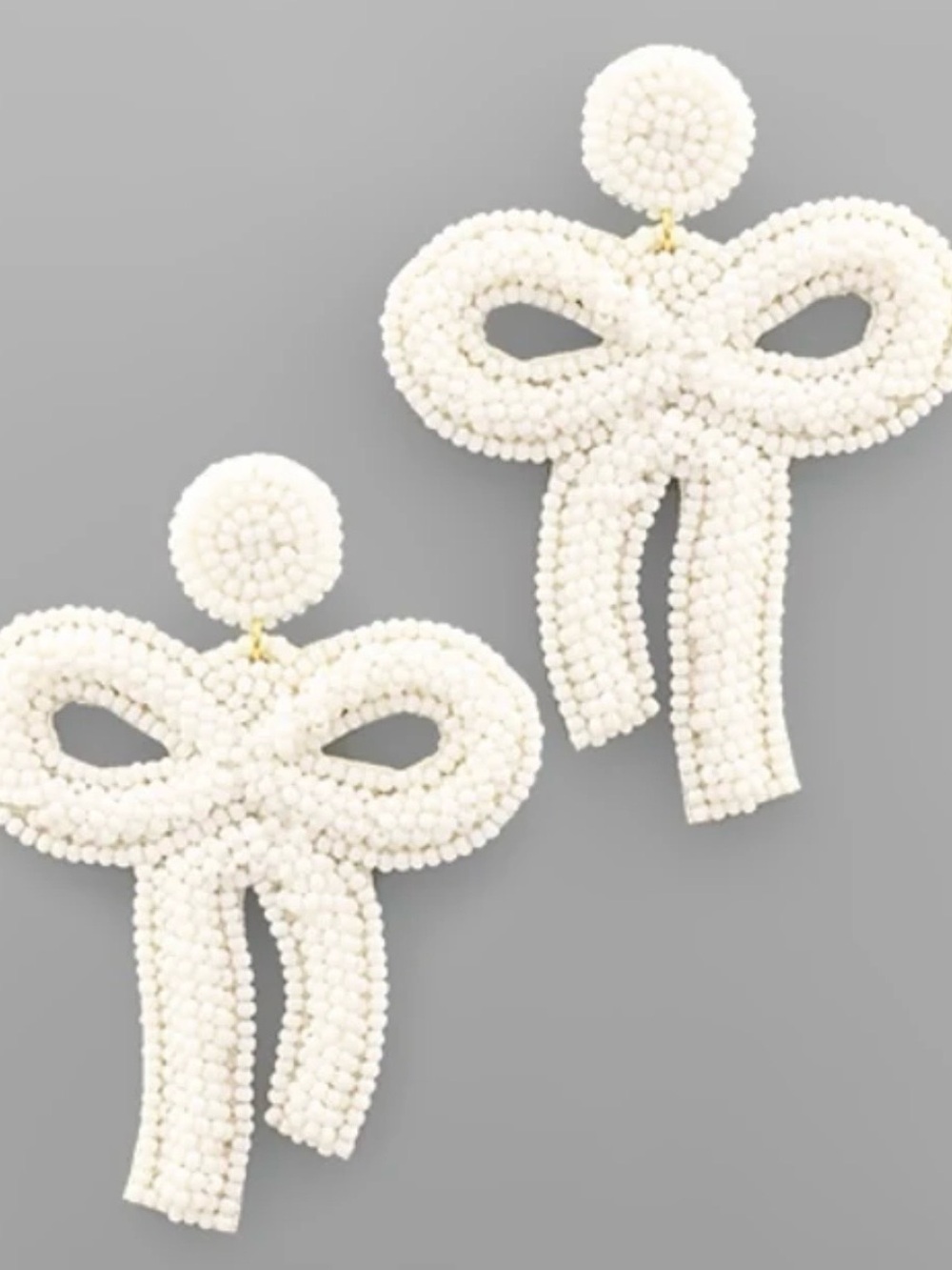 White Beaded Bow Drop Earrings - Studs